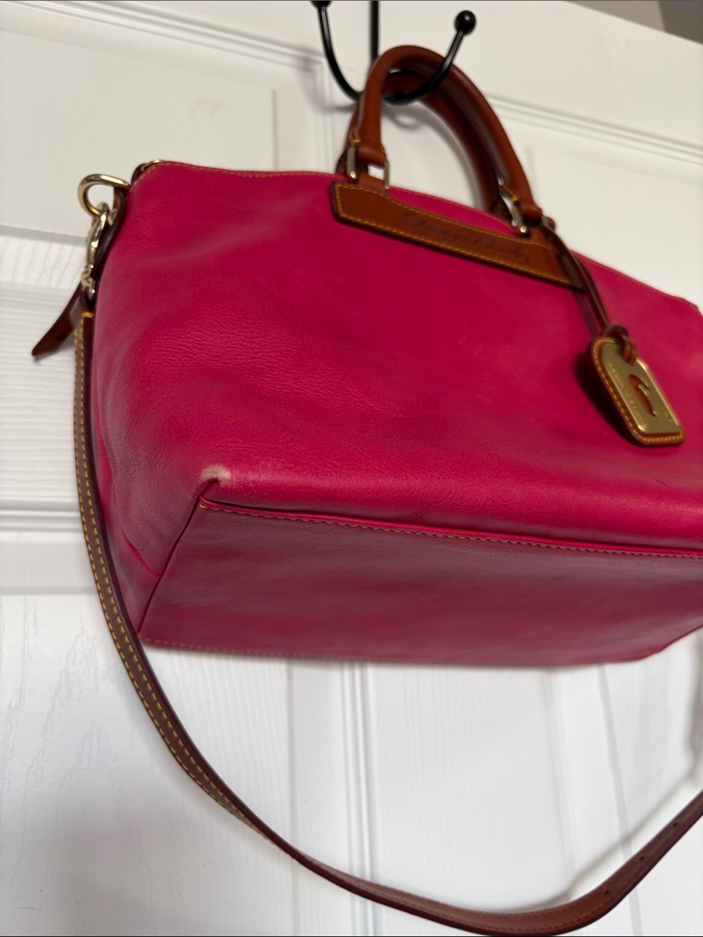 Dooney & Bourke Hot Pink Leather Satchel with Brown Trim - Picture 2 of 16